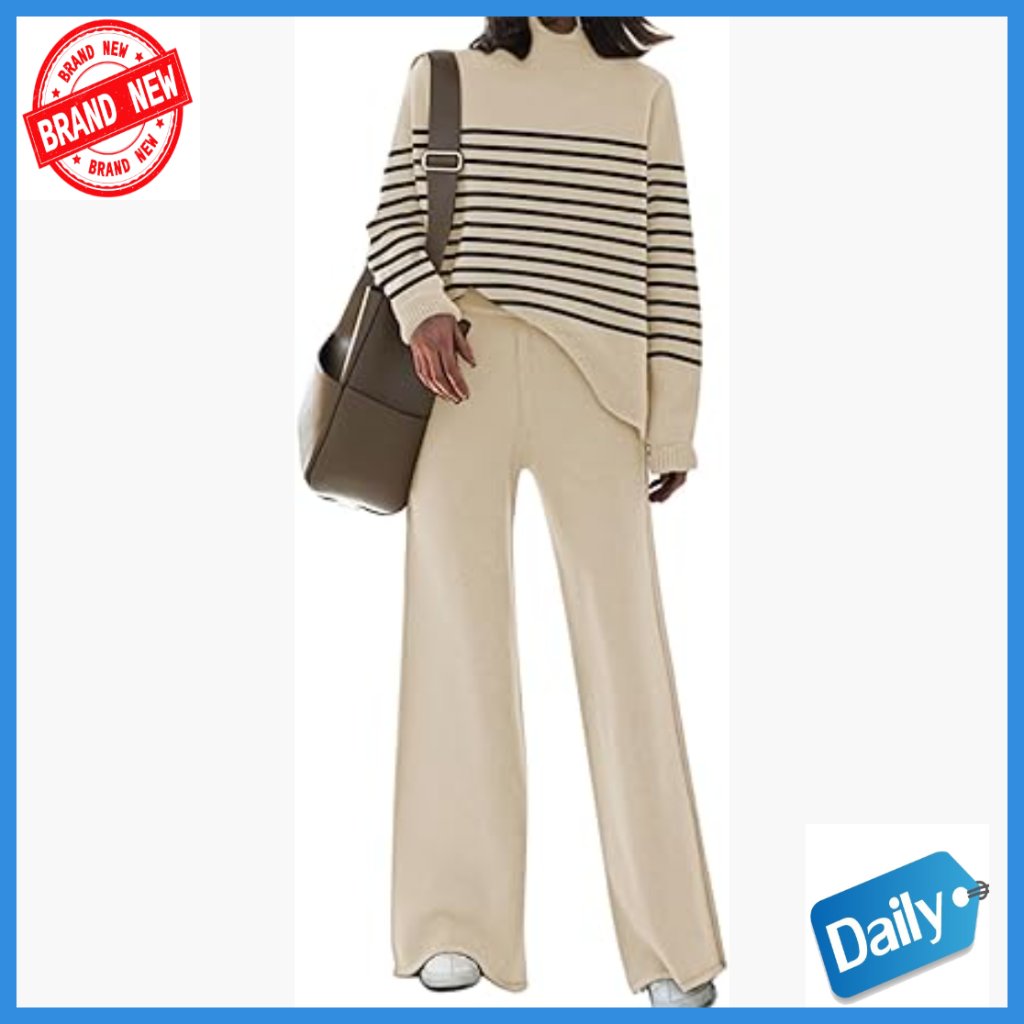 Large Knitted Sweatsuit Set Off Shoulder Sweater Wide Leg Pants Lounge